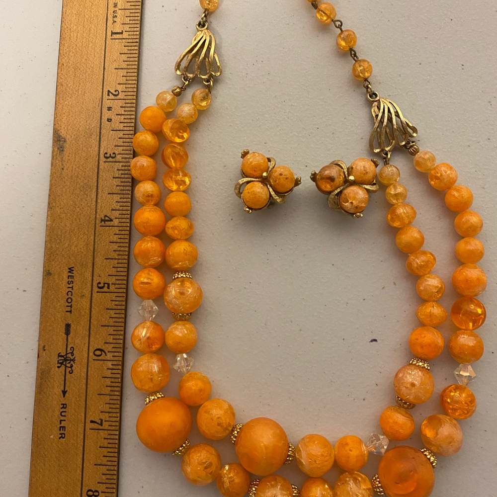 Estate 1950’s Orange and Gold Beaded Necklace Set Clip Earrings